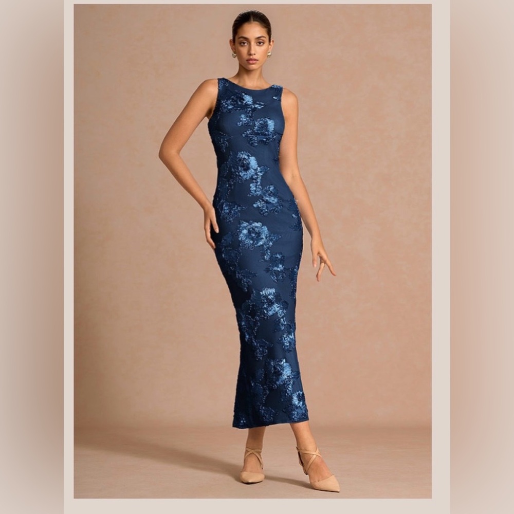 Navy Floral Embroidered Sleeveless Sheath Dress